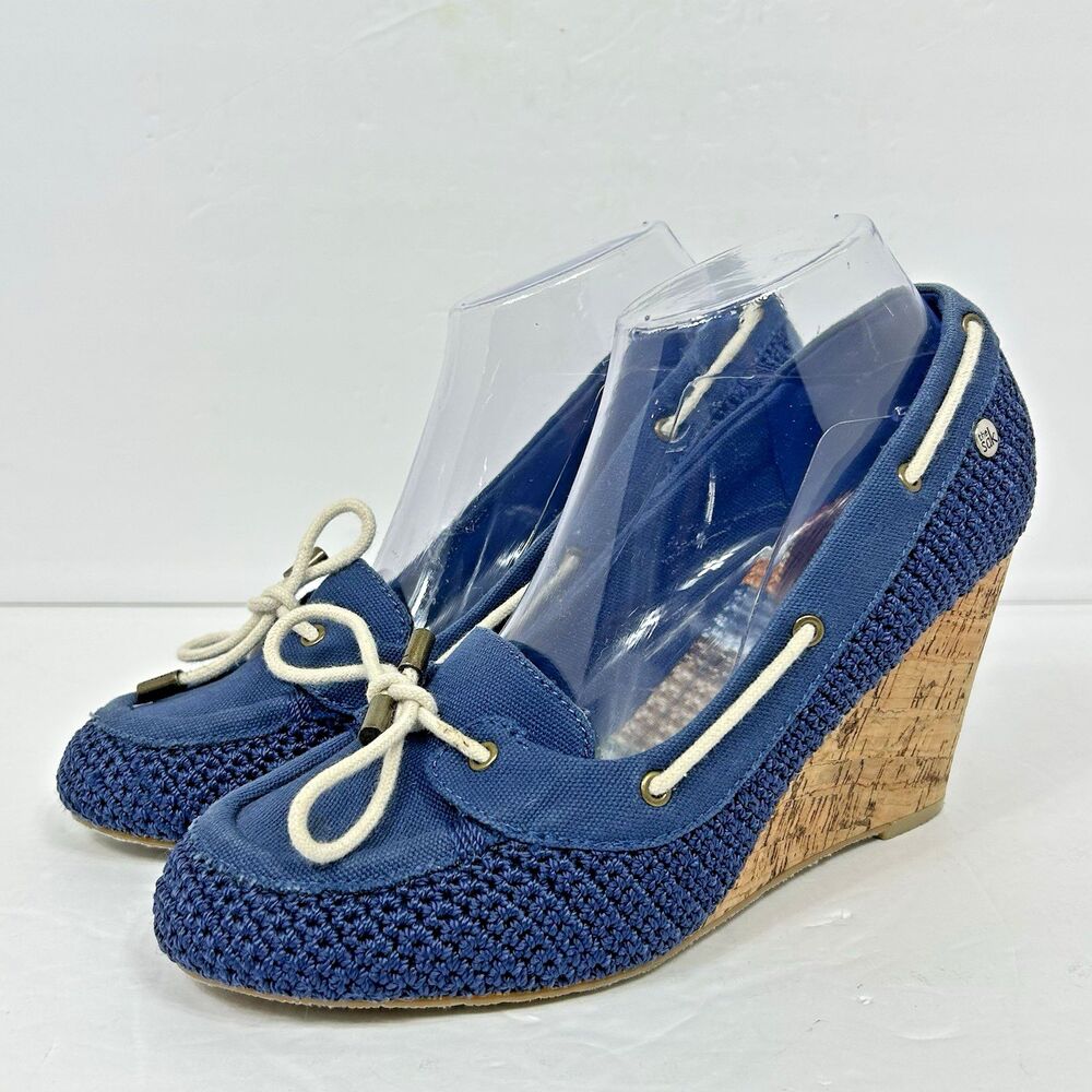 The Sak Newport Katie Women Blue Crochet Canvas Cork Wedge Heel Espadrilles